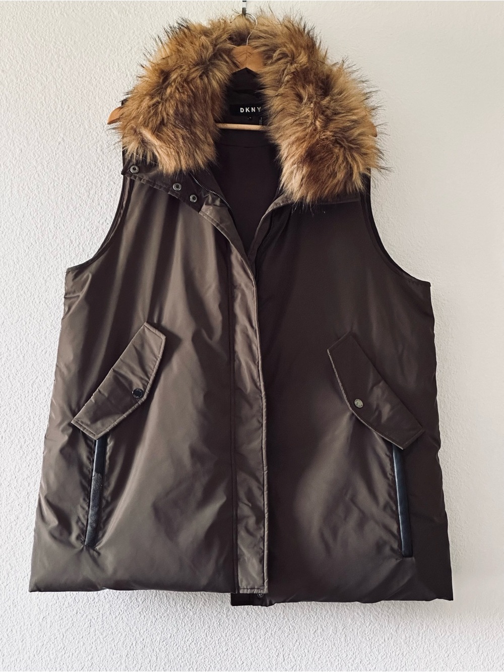 DKNY Brown Puffer Vest with removable Faux-Fur Trim Hood